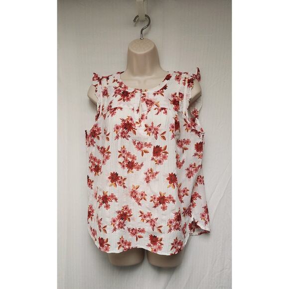 Loft Zinnia Ruffle Sleeve Split Neck Shell Red/Cream Size Large - Picture 4 of 10